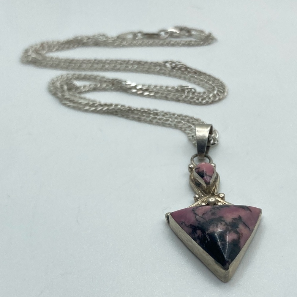 VTG Sterling & Rhodonite Pink / Black Triangle Pear Stones Pendant & Chain 19” - Picture 4 of 9